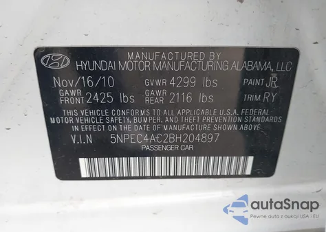 2011 Hyundai Sonata Limited z USA, uszkodzony, nr VIN 5NPEC4AC2BH204897